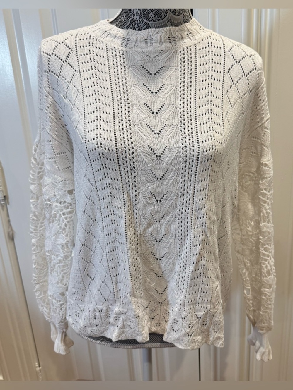 White Crochet Open Knit Long Sleeve Sweater Size M Boho Cottagecore Spring